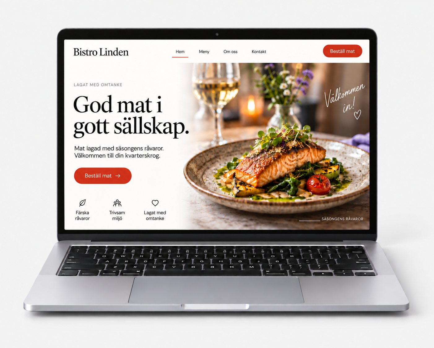 Bistro Lindens hemsida på en bärbar dator