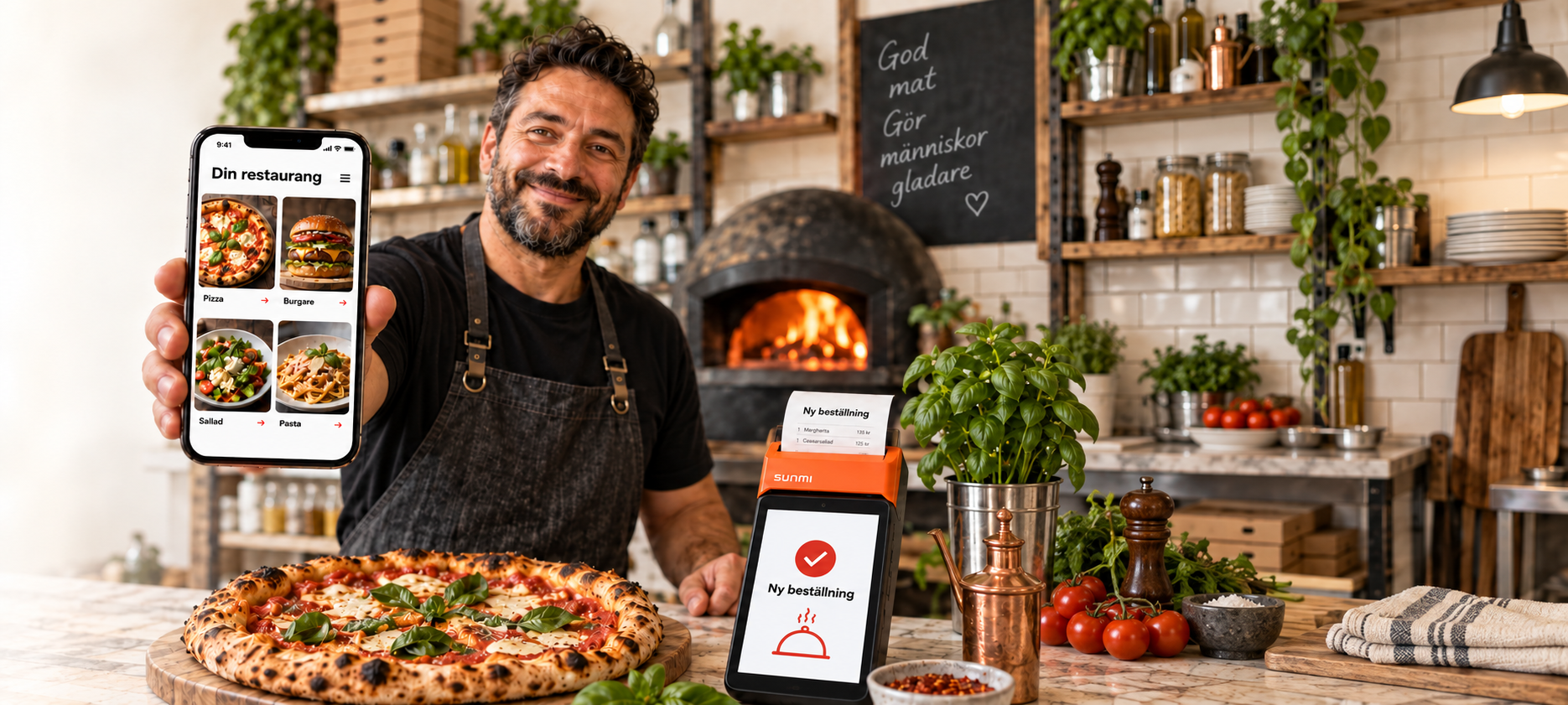 Restaurangägare som visar sin beställningsapp, med en pizza och en SUNMI-terminal på disken